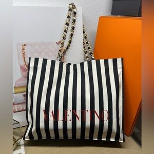VALENTINO GARAVANI Black & White Stripe Canvas Tote